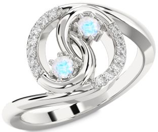 Diamond Moonstone Silver Round Two Stone Ring