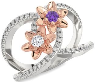 Diamond Rose Gold Silver Flower Round Two Stone Pave Promise Ring