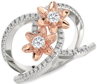 Diamond Silver & 10K Rose Gold Flower Round Two Stone Ring