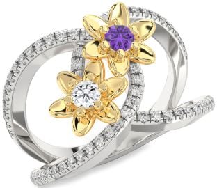 Diamond Gold Silver Flower Round Two Stone Pave Promise Ring