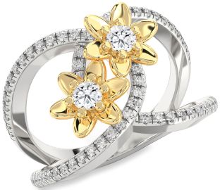 Diamond Silver & 10K gold Flower Round Two Stone Ring