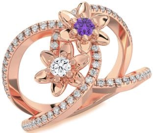 Diamond Rose Gold Silver Flower Round Two Stone Pave Promise Ring