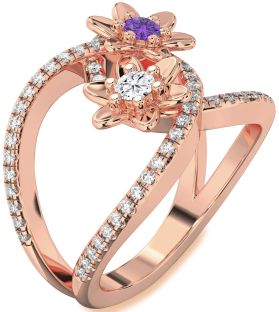 Diamond Rose Gold Flower Round Two Stone Pave Promise Ring