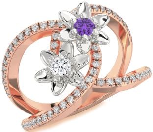 Diamond Rose Gold Silver Flower Round Two Stone Pave Promise Ring