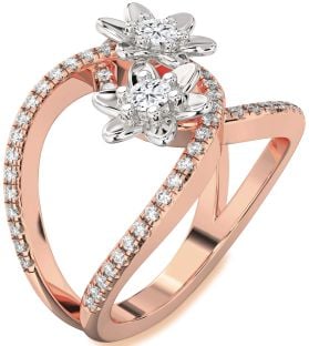 Diamond Platinum & Rose Gold Flower Round Two Stone Pave Ring