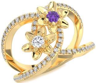 Diamond Gold Silver Flower Round Two Stone Pave Promise Ring