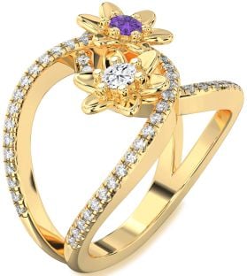 Diamond Gold Flower Round Two Stone Pave Promise Ring