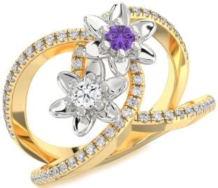 Diamond Gold Silver Flower Round Two Stone Pave Promise Ring