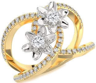 Diamond White Yellow Gold Flower Round Two Stone Ring
