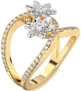 Diamond Platinum & Yellow Gold Flower Round Two Stone Pave Ring