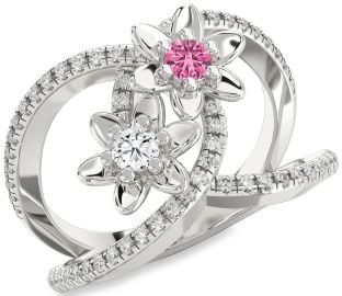Diamond Silver Flower Round Two Stone Pave Promise Ring