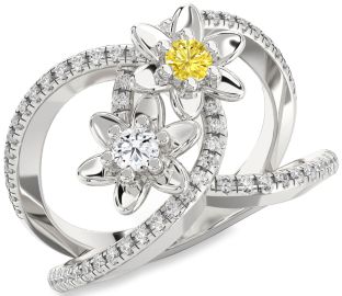 Diamond Silver Flower Round Two Stone Pave Promise Ring