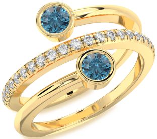 Blue Diamond Gold Silver Round Two Stone Ring