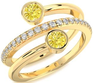 Yellow Diamond Gold Silver Round Two Stone Ring