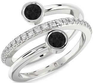 Black Diamond Silver Round Two Stone Ring
