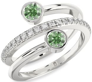 Green Diamond Silver Round Two Stone Ring