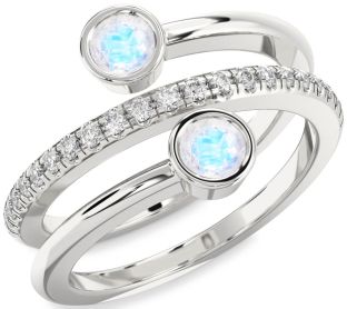 Diamond Moonstone Silver Round Two Stone Ring
