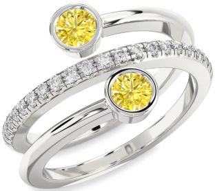 Yellow Diamond Silver Round Two Stone Ring