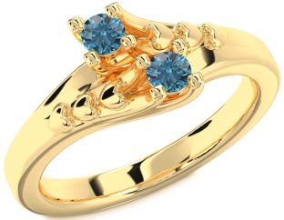 Blue Diamond Gold Silver Heart Two Stone Ring