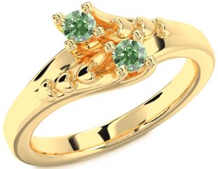Green Diamond Gold Silver Heart Two Stone Ring