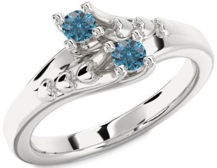 Blue Diamond Silver Heart Two Stone Ring