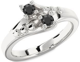 Black Onyx Silver Heart Two Stone Ring