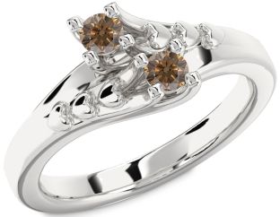 Chocolate Brown Diamond Silver Heart Two Stone Ring