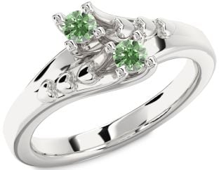 Green Diamond Silver Heart Two Stone Ring