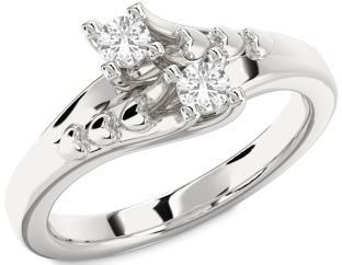 White Sapphire Silver Heart Two Stone Ring