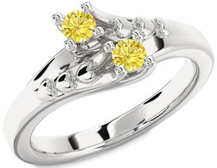 Yellow Diamond Silver Heart Two Stone Ring