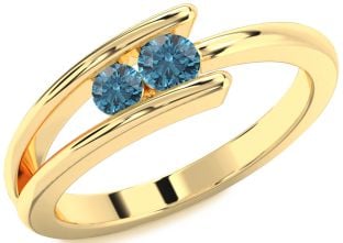 Blue Diamond Gold Silver Round Two Stone Ring