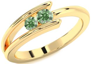 Green Diamond Gold Silver Round Two Stone Ring