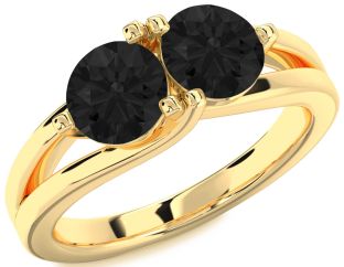 Black Diamond Gold Silver Round Two Stone Ring