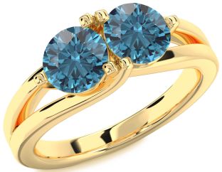 Blue Diamond Gold Silver Round Two Stone Ring