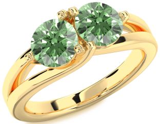 Green Diamond Gold Silver Round Two Stone Ring