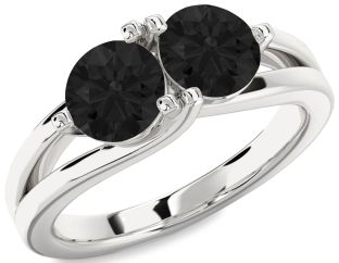 Black Diamond Silver Round Two Stone Ring