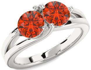 Fire Opal Silver Round Two Stone Ring
