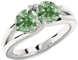 Green Diamond Silver Round Two Stone Ring