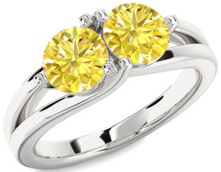 Yellow Diamond Silver Round Two Stone Ring