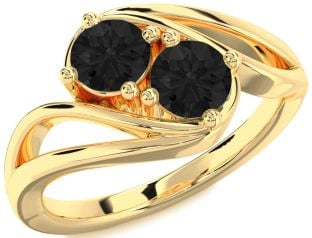 Black Diamond Gold Silver Round Two Stone Ring
