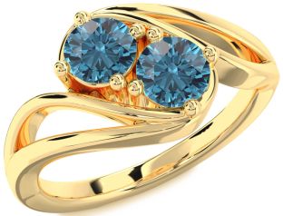 Blue Diamond Gold Silver Round Two Stone Ring