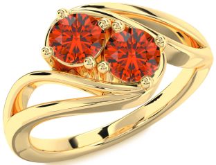 Fire Opal Gold Silver Round Two Stone Ring