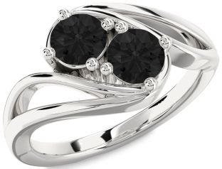 Black Diamond Silver Round Two Stone Ring