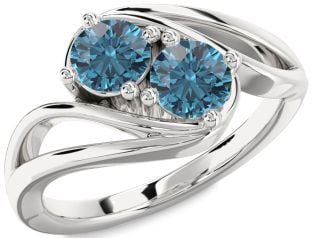 Blue Diamond Silver Round Two Stone Ring
