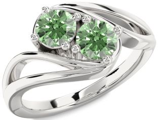 Green Diamond Silver Round Two Stone Ring