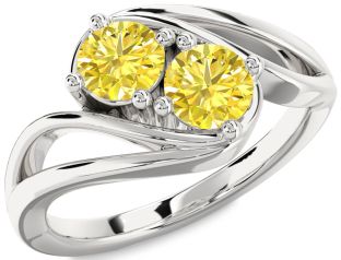 Yellow Diamond Silver Round Two Stone Ring