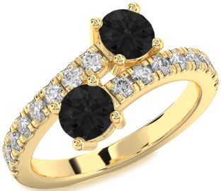 Black Diamond Gold Silver Round Two Stone Ring
