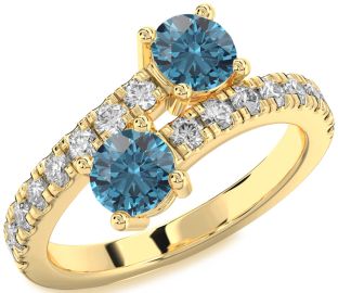 Blue Diamond Gold Silver Round Two Stone Ring