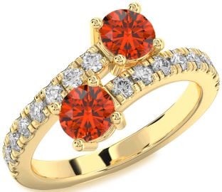 Diamond Fire Opal Gold Silver Round Two Stone Ring