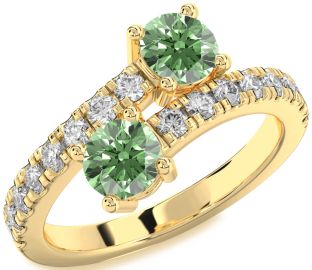 Green Diamond Gold Silver Round Two Stone Ring